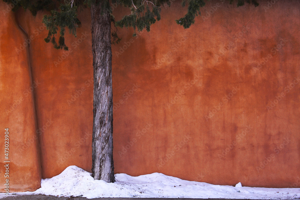 Fototapeta premium Tree trunk against an orange wall with snow piled on a sidewalk in Santa Fe, New Mexico 