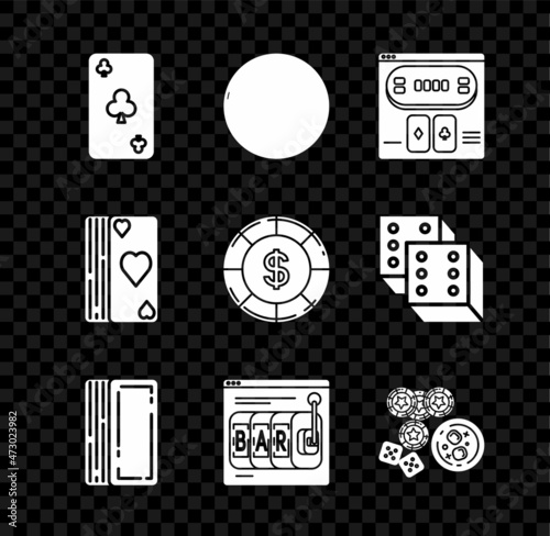 Set Playing card with clubs symbol, Casino roulette wheel, Online poker table game, Deck of playing cards, slot machine, chips, dice and glass whiskey ice cubes, and dollar icon. Vector