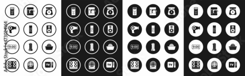 Set Scales, Remote control, Hair dryer, Stereo speaker, Coffee machine with glass pot, Citrus fruit juicer and Digital alarm clock icon. Vector