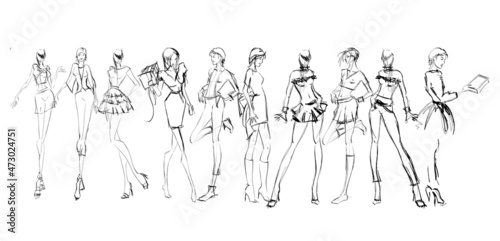 Set of young beautiful women in stylish clothes. Sale concept. Hand-drawn fashion illustration. Fashion sketch.