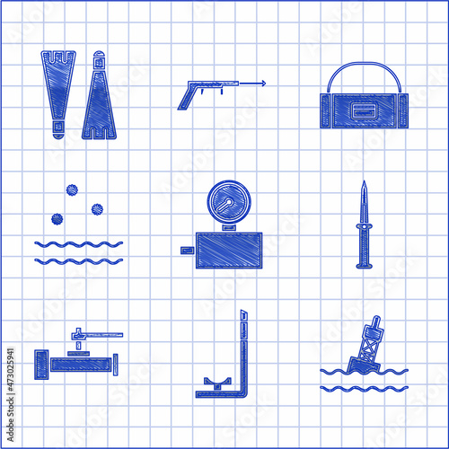 Set Gauge scale, Snorkel, Floating buoy on the sea, Army knife, Industry metallic pipes and valve, Cold waves, Case box container for wobbler and Rubber flippers swimming icon. Vector