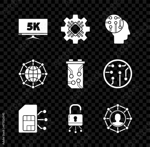 Set Monitor display with 5k video, Processor, Human brain as digital circuit board, Sim card, Lock, Project team base, Global technology social network and Video graphic icon. Vector