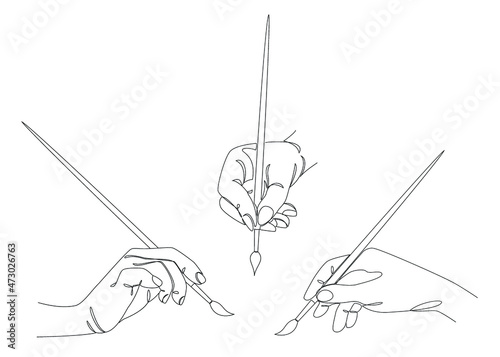 Collection. A man's hand draws with a brush in a modern one line style. The man writes. Solid line, decor sketches, posters, murals, stickers, logo. Set of vector illustrations.