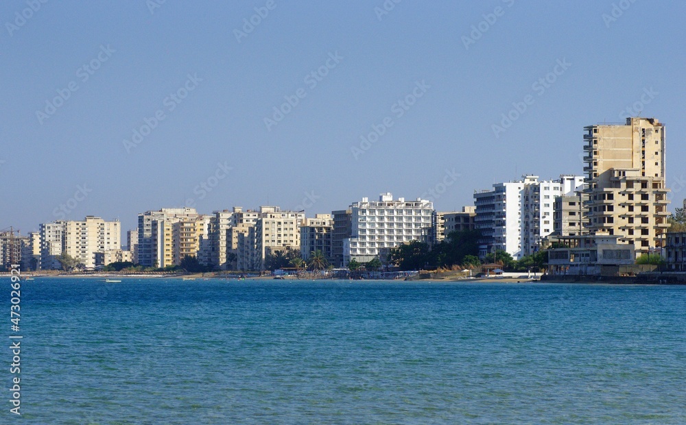 Varosha, once famous beach resort destination is now spooky ghost town, only with few tourist.12.07.2021 Famagusta, Northern Cyprus Varosha, once famous beach resort destination is now spooky ghost town, only with few tourist.12.07.2021 Famagusta, Northern Cyprus