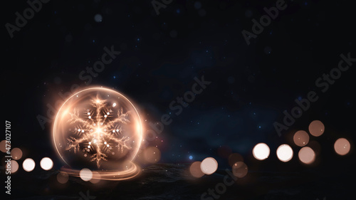 Dark festive background with golden snowflake, snow, abstract golden Christmas decoration with festive lights. New Year's abstraction, magical holiday atmosphere. 3d illustration. 