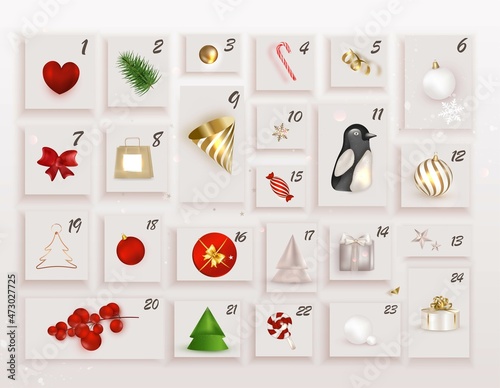 Christmas advent calendar.Paper sheets with number of the day of december, with holidays decorations. New Year card.