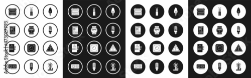 Set Light bulb, Electric meter, Car battery, LED light, cable, Exclamation mark in triangle and Electrical panel icon. Vector