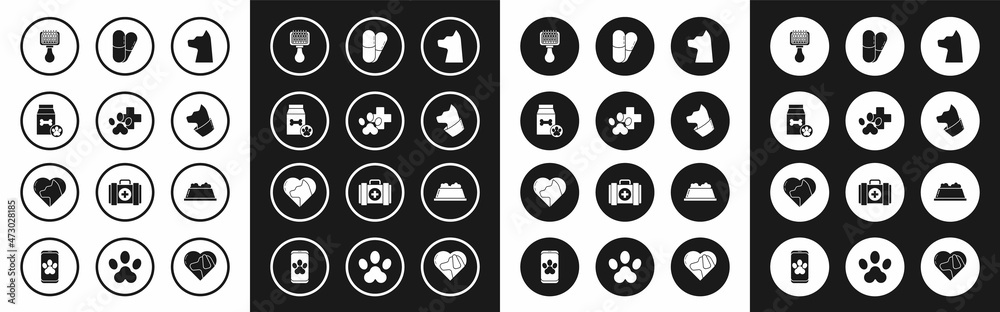 Set Cat, Veterinary clinic symbol, Bag of food for pet, Hair brush dog and cat, Dog pills, Pet bowl and Heart with icon. Vector