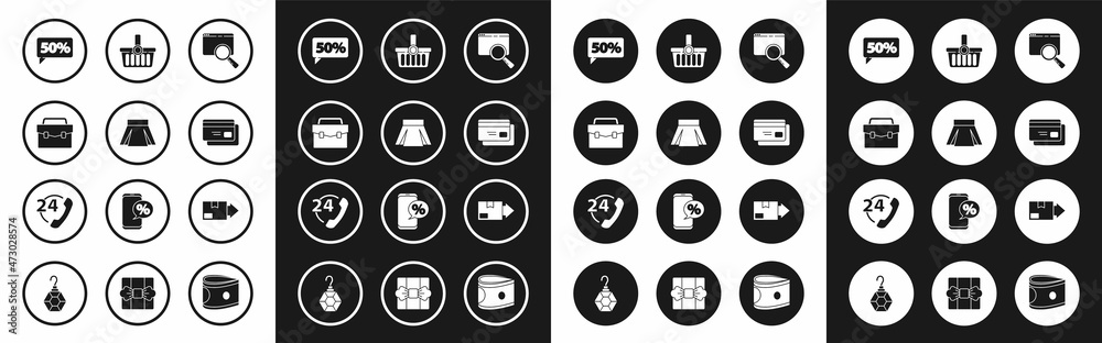 Set Search in a browser window, Skirt, Briefcase, Fifty discount percent tag, Credit card, Shopping basket, Carton cardboard box and Telephone 24 hours support icon. Vector