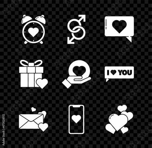 Set Heart in the center alarm clock, Male gender symbol, Like and heart, Envelope with, Mobile phone, Gift box and hand icon. Vector