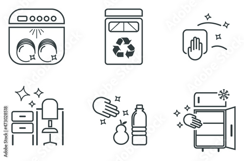 Keep it clean in the office Icons: dishwasher, sorting bin, fridge, refrigerator, desk, clean table, sweep table clean - vector illustrations
