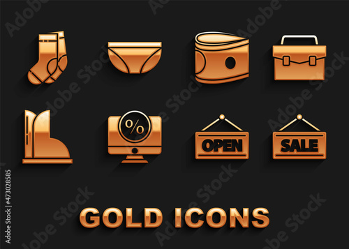 Set Percent discount and monitor, Briefcase, Hanging sign with Sale, Open, Waterproof rubber boot, Stacks paper money cash, Socks and Underwear icon. Vector