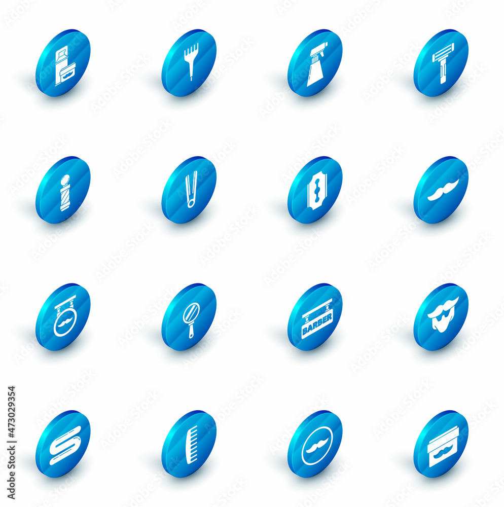 Set Hairbrush, Hairdresser pistol spray bottle, Shaving razor, Classic Barber shop pole, Barbershop, Curling iron for hair, Mustache and Blade icon. Vector Set Hairbrush, Hairdresser pistol spray bottle, Shaving razor, Classic Barber shop pole, Barbershop, Curling iron for hair, Mustache and Blade icon. Vector