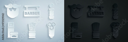 Set Shaving brush, Classic Barber shop pole, gel foam, Electric razor blade for men, Barbershop and Mustache and beard icon. Vector