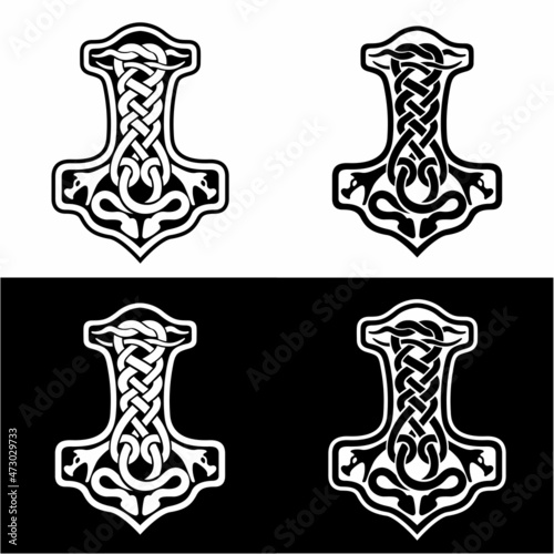Thor s hammer Mjolnir Celtic knot, Scandinavian Viking style ornament. Isolated vector illustration. Hand drawing.