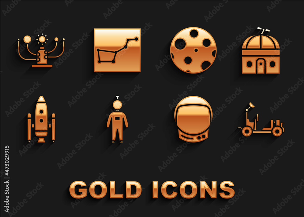 Set Astronaut, Astronomical observatory, Mars rover, helmet, Space shuttle and rockets, Moon, Solar system and Great Bear constellation icon. Vector Set Astronaut, Astronomical observatory, Mars rover, helmet, Space shuttle and rockets, Moon, Solar system and Great Bear constellation icon. Vector