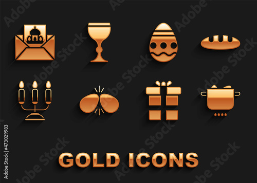 Set Easter eggs, Bread loaf, Egg in hot pot, Gift box, Candelabrum with candlesticks, Greeting card Happy and Wine glass icon. Vector © Oksana