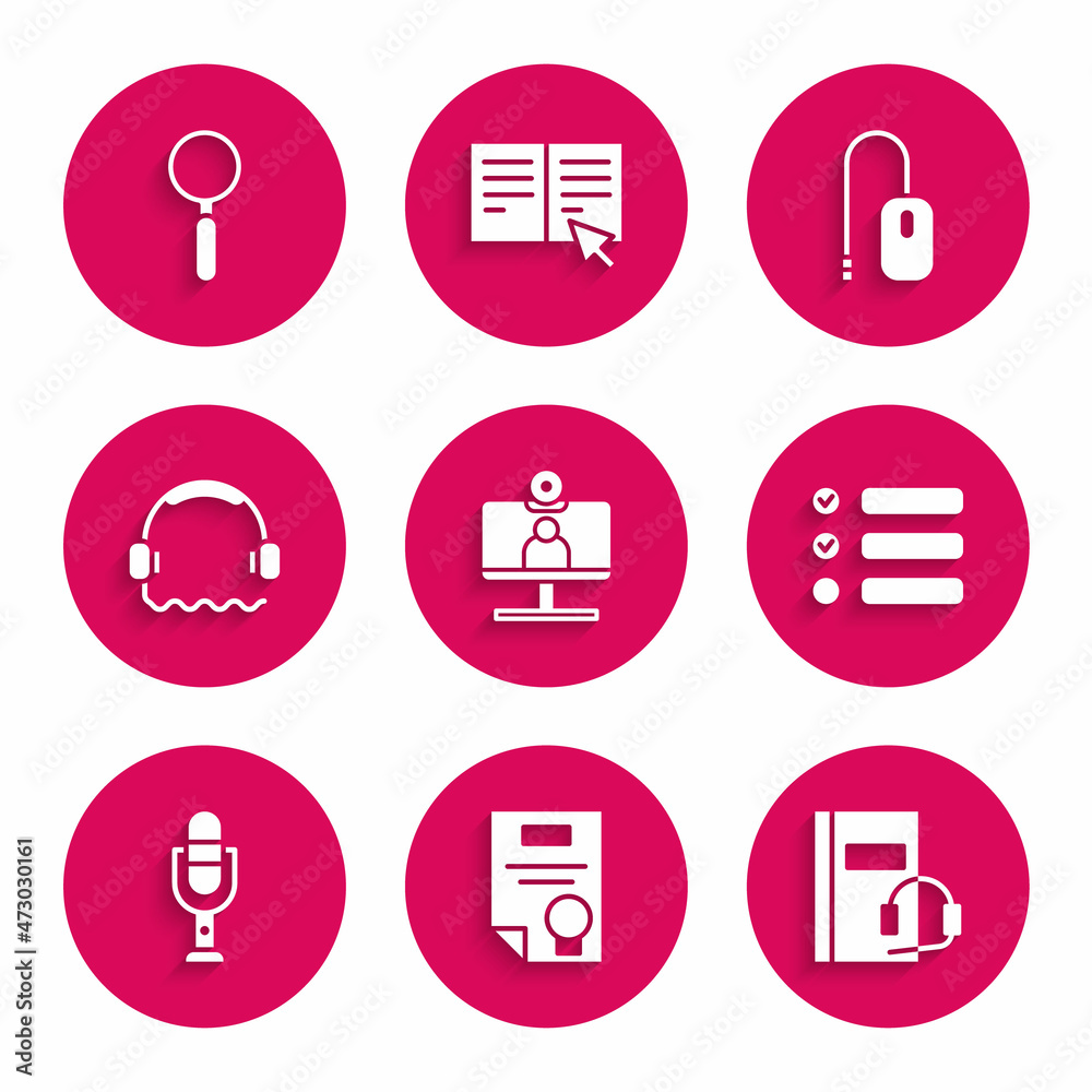 Set Video chat conference, Certificate template, Audio book, Task list, Microphone, Headphones, Computer mouse and Magnifying glass icon. Vector Set Video chat conference, Certificate template, Audio book, Task list, Microphone, Headphones, Computer mouse and Magnifying glass icon. Vector