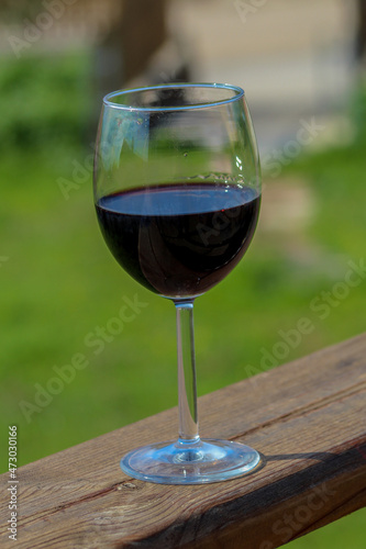 A glass of wine on a wooden railing with green background