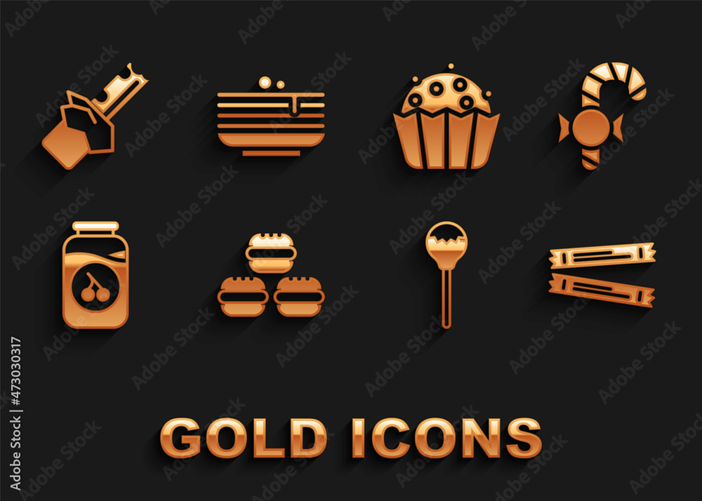 Set Macaron cookie, Christmas candy cane, Sugar stick packets, Lollipop, Cherry jam jar, Cupcake, Bitten chocolate bar and Stack of pancakes icon. Vector Set Macaron cookie, Christmas candy cane, Sugar stick packets, Lollipop, Cherry jam jar, Cupcake, Bitten chocolate bar and Stack of pancakes icon. Vector