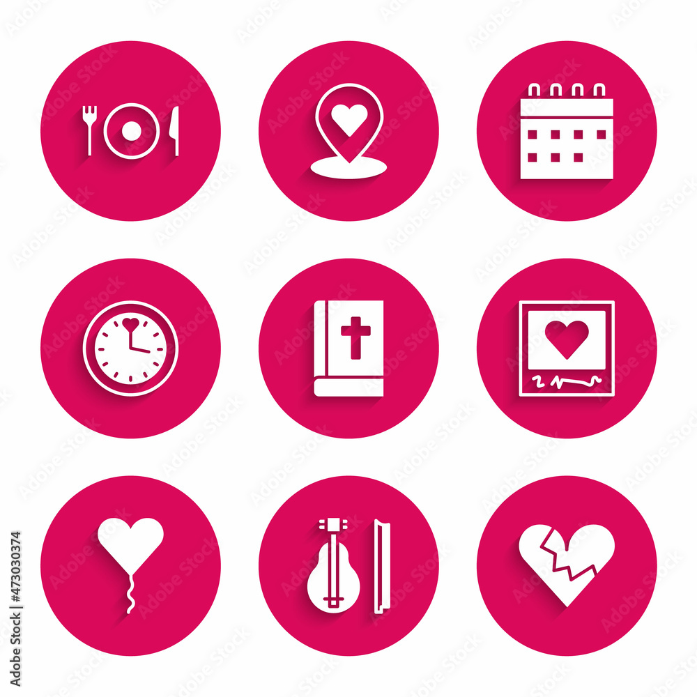 Set Holy bible book, Violin, Broken heart or divorce, Photo frames and hearts, Balloon form of, Clock, Calendar and Plate, fork knife icon. Vector Set Holy bible book, Violin, Broken heart or divorce, Photo frames and hearts, Balloon form of, Clock, Calendar and Plate, fork knife icon. Vector