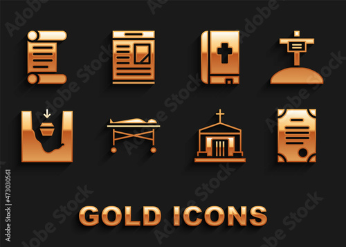Set Dead body in the morgue, Grave with cross, Death certificate, Old crypt, Coffin grave, Holy bible book, Decree, parchment, scroll and Obituaries icon. Vector