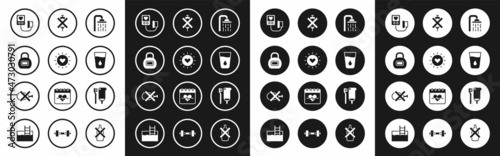 Set Shower head, Sun, Kettlebell, Blood pressure, Glass with water, No doping syringe, Toothbrush and toothpaste and meat icon. Vector