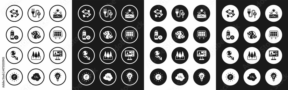 Set Drought, Global warming fire, Battery, Dead fish, Solar energy panel, Electric saving plug leaf, Television report and Hands holding Earth globe icon. Vector Set Drought, Global warming fire, Battery, Dead fish, Solar energy panel, Electric saving plug leaf, Television report and Hands holding Earth globe icon. Vector