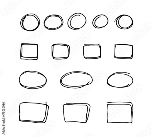 Rectangular and round doodle frame. Black outline isolated on a white background. Text selection. A set of frames. Vector.
