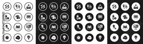 Set Drought, Global warming fire, Battery, Dead fish, Solar energy panel, Electric saving plug leaf, Television report and Hands holding Earth globe icon. Vector