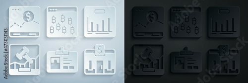 Set Identification badge, Pie chart infographic, Online internet auction, Bank building, Bitcoin browser and Website with growth icon. Vector