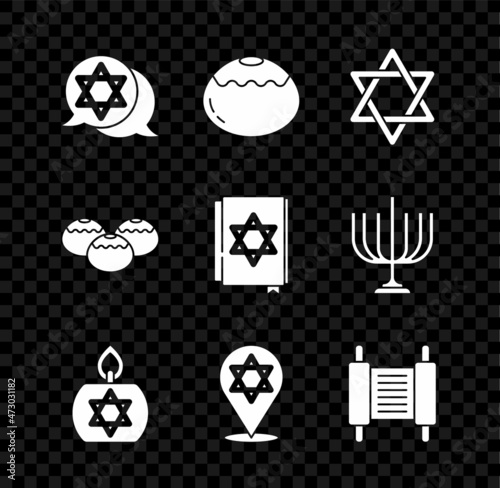 Set Star of David, Jewish sweet bakery, Burning candle, Torah scroll, and torah book icon. Vector