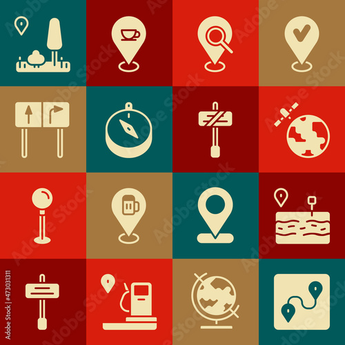 Set Route location, Broken road, Satellites orbiting the planet, Search, Compass, Road traffic sign, City map navigation and icon. Vector
