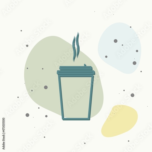 Vector icon of a disposable cup of coffee. A stale coffee drink in the dishes on multicolored background.