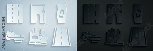 Set Gloves, Plaster on leg, Bicycle shoes, lane, Cycling shorts and icon. Vector