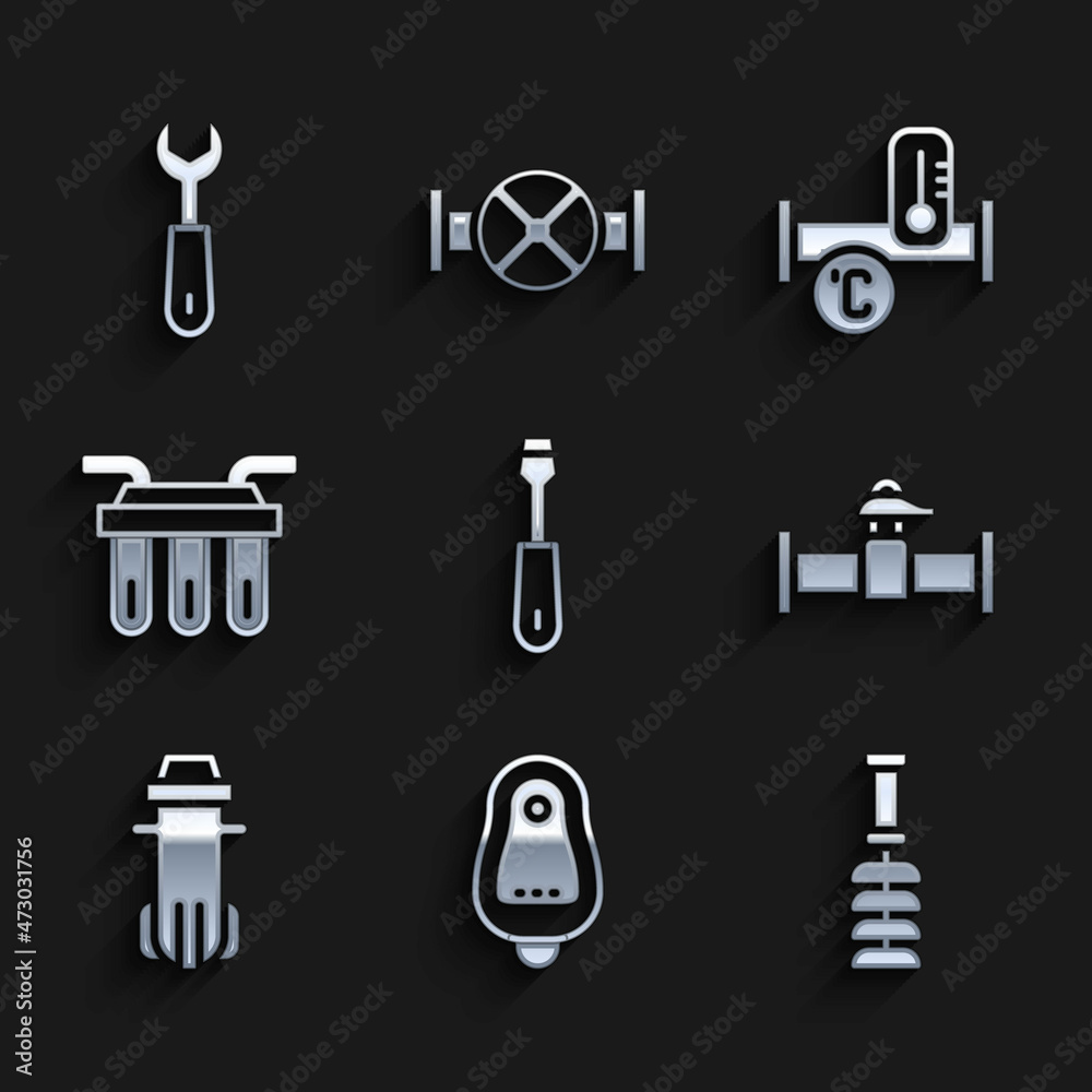 Set Screwdriver, Toilet urinal or pissoir, brush, Industry pipe and valve, Water filter, metallic and Wrench spanner icon. Vector Set Screwdriver, Toilet urinal or pissoir, brush, Industry pipe and valve, Water filter, metallic and Wrench spanner icon. Vector