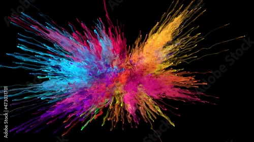 Color Burst - Colorful pink magenta orange cyan blue purple smoke powder explosion. Coloured fluid ink particles in slow motion. Isolated on black background. Alpha matte 4k.