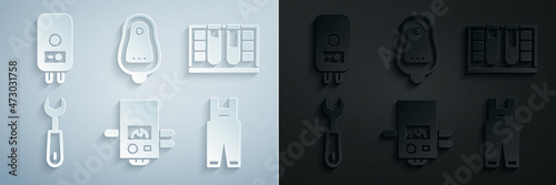 Set Gas boiler, Test tube with water drop, Wrench spanner, Work overalls, Toilet urinal pissoir and Electric icon. Vector