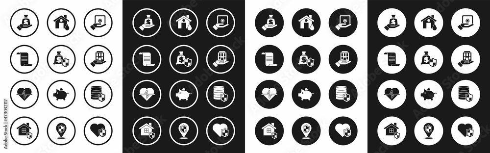Set Safe in hand, Money with shield, Document, House, flood, and Life insurance icon. Vector