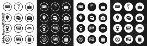 Set Cable car, Taxi call telephone service, Location, Bus, driver license, Parking, roof and with taxi icon. Vector