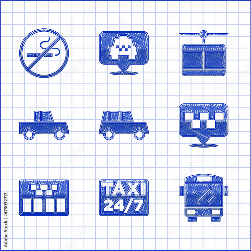 Set Car, Location with taxi, Bus, Taximeter, Cable car and No Smoking icon. Vector - obrazy, fototapety, plakaty 