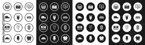 Set Gps device with map, Scooter, Car, Steering wheel, Taxi car roof, Traffic light and Taximeter icon. Vector