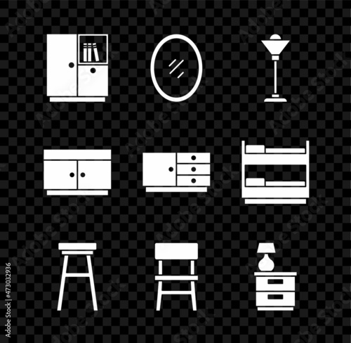 Set Wardrobe, Mirror, Floor lamp, Chair, Furniture nightstand with, Chest of drawers and icon. Vector
