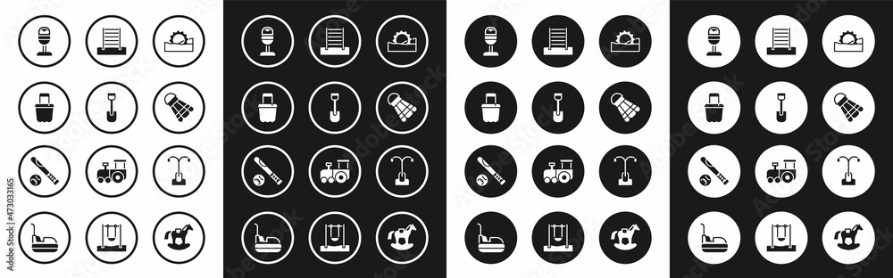 Set Ferris wheel, Shovel toy, Sand in bucket, Trash can, Badminton shuttlecock, Swedish wall, Street light and Baseball bat with ball icon. Vector Set Ferris wheel, Shovel toy, Sand in bucket, Trash can, Badminton shuttlecock, Swedish wall, Street light and Baseball bat with ball icon. Vector