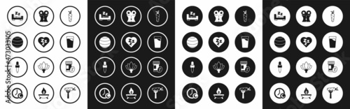 Set Carrot, Sleepy, Fitness ball, Time to sleep, Glass with water, Women waist, Vitamin pill and Pipette oil icon. Vector