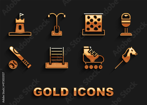 Set Swedish wall, Trash can, Toy horse, Roller skate, Baseball bat with ball, Climbing, Sand tower and Street light icon. Vector