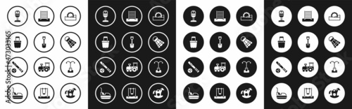 Set Ferris wheel, Shovel toy, Sand in bucket, Trash can, Badminton shuttlecock, Swedish wall, Street light and Baseball bat with ball icon. Vector