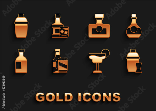 Set Beer bottle and beer can, Bottle of cognac or brandy, Cocktail shaker, Glass vodka, Alcohol drink Rum, and Whiskey glass icon. Vector