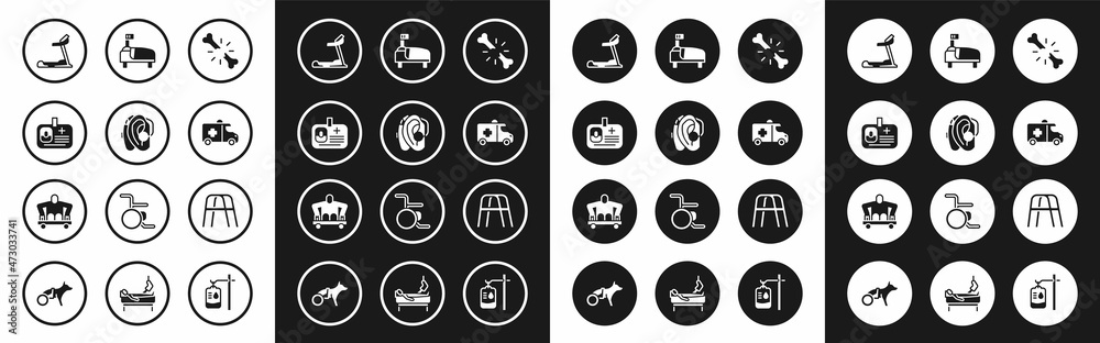 Set Human broken bone, Hearing aid, Identification badge, Treadmill machine, Emergency car, Hospital bed, Walker and Man without legs sitting wheelchair icon. Vector Set Human broken bone, Hearing aid, Identification badge, Treadmill machine, Emergency car, Hospital bed, Walker and Man without legs sitting wheelchair icon. Vector