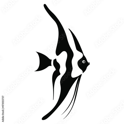 vector black and white illustration of a silhouette of a beautiful decorative aquarium fish isolated on white background. useful for aquariums, pet shops, fish food, logo, advertising, print, tattoo